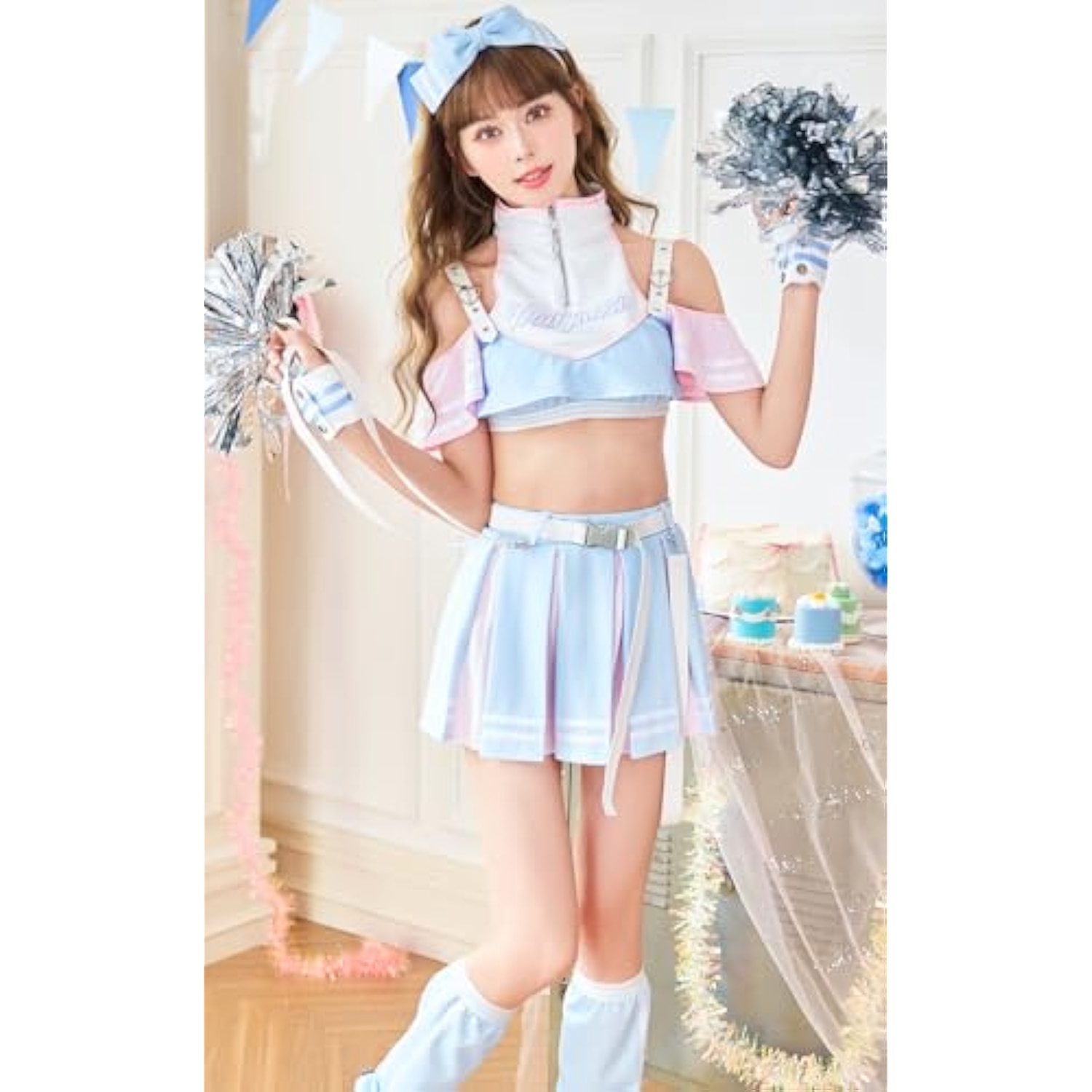 [Malymoon] ハロウィン コスプレ チア チアガール アイドル 制服 コスチューム ブルー ピンク ネイビー 衣装 仮装 可愛い レディース 大人 女性 セクシー プリーツスカート マリームーン 8点セット 9996 詳細画像4