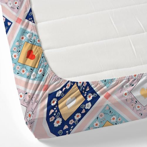 Image of Avinya Cotton Single Size Elastic Fitted Single Bedsheet (72x48x6) with 1 Pillow Covers (Multi Heart)