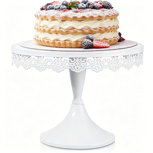 JUJOYBD Présentoir à gâteau avec pied - Vintage - En métal - Pour gâteau - Décoration pour mariage, anniversaire, Noël - Blanc - D 25 cm