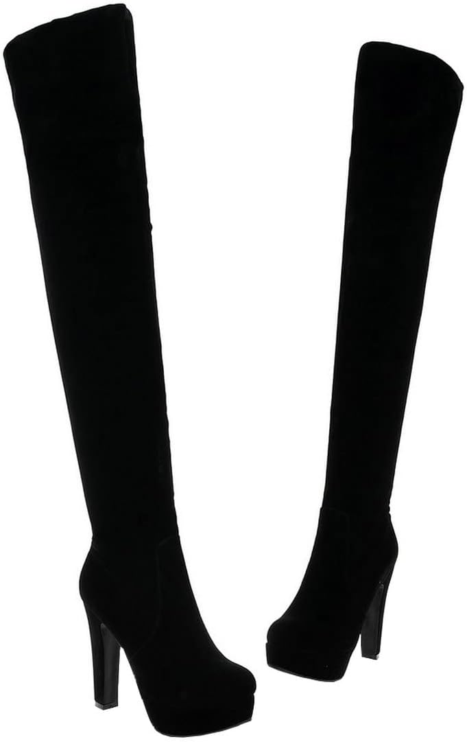 BEAUPAS Women's High Heel Over The Knee Boots Platform Block Heel Thigh High Boots Chunky Round Toe Zip Up Gothic Shoes