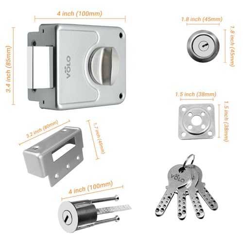 Image of VOLO Heavy Duty Tri-Bolt Rim Lock - Secure Dead Lock with Keys for Main Door, Single & Double Doors, Left & Right-Handed Use - Ideal for Home & Office (Pack of 1) (MT-04 (Satin))