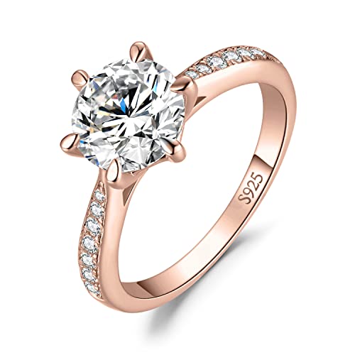 JewelryPalace 2ct Classique Cubic Zirconia Bague Taille Rond Solitaire Pierre Argent Massif 925 Femme, Plaqué Or Rose Bague Diamant Simulé Fiançailles...