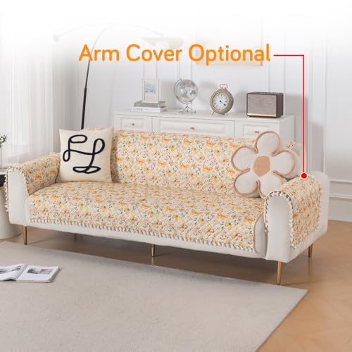 Image of HOKIPO Sunlit Butterfly Quilted Sofa Cover 5 Seater Set - Washable 3+1+1 Sofa Cover for Seat & Back with Tassel Design | 'Tassel Twigs' Series (IN-991-T3 + IN-989-T3)