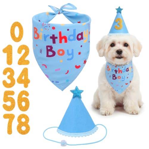 DOPENSPI Dog Birthday Bandana Hat Set Polyester Triangle Scarf Adjustable Party Hat with Gold Numbers Birthday Party Supplies for Pet Birthdays Outfit Celebration(Blue)