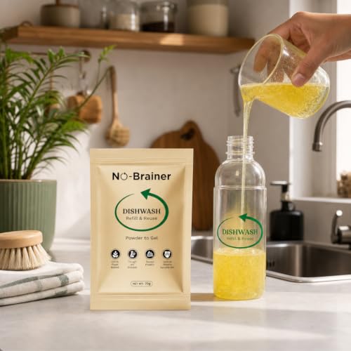 Image of NO BRAINER Dishwash Powder to Liquid | Natural Plant-Based, Non-Toxic Liquid | Hard on Grease, Easy on Hands | No Residue | Baby & Pet Safe | No Plastic Waste | Lime (Bottle + 1 Pouch for 500ml)