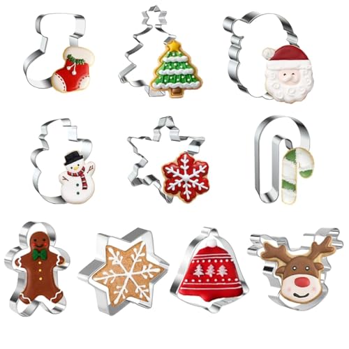 Emporte Pièce Noel, Fyvadio 10Pcs Emporte-Pièce en Acier Inoxydable Sapin de Noël Père Noël Flocon de Neige et Autres Formes, pour Décoration de DIY Gâteau Fondant Biscuit Cookie Pâtisserie Muffins