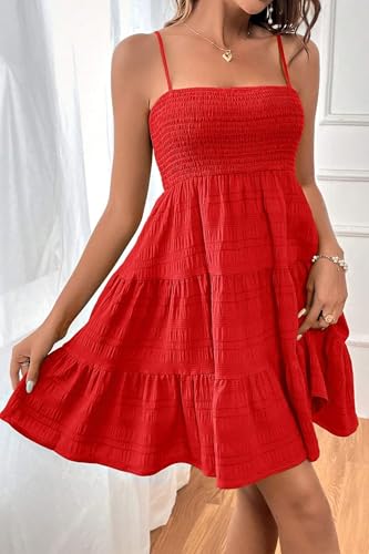Image of HVEPUO Women Spaghetti Strap Sleeveless Smock Cami Mini Dress Summer Vacation Flowy Boho A Line Swing Short Dresses for Women
