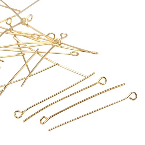 PH PandaHall About 1200 Pcs Iron Head Pins Findings Open Eye Pin Length 2.76 Inch 21-Gauge for Jewelry Making, Light Gold