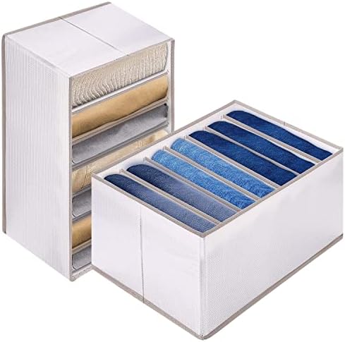 2 Pcs Wardrobe Clothes Organizer with Support Board- Foldable Mesh Closet Storage Large 7 Grids Divider Drawer Organizers Washable Compartment Box for Jeans T-shirt Pants Legging (L-7Grids), White