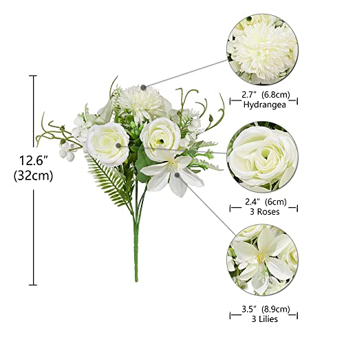 Fake Flowers,12In 4Pcs Artificial Flowers Plants Bouquets Of Silk Roses, Hydrangea And Lilies For Bridal Shower Decoration Wedding Table Centerpieces Party Home Office (Cream White No Vase) #TOP1