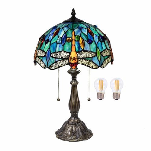 Radtiff Tiffany Table Lamp 12 inch Stained Glass Style Dragonfly Antique Reading Light for Bedside Living Room Office Decor Home Included Two LED Bulb