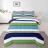 Green Blue Striped Boys Comforter Set Full Size Navy Blue Turquoise Stripes Bedding Sets Patchwork Ombre Lightweight Soft All Season Down Alternative Comforter Home Decor (1 Comforter, 2 Pillowcases)