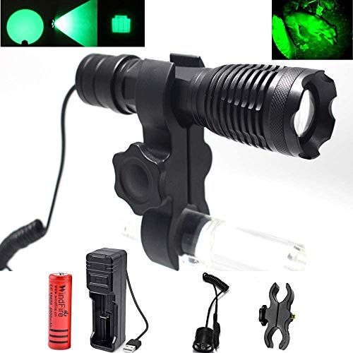 Lampe de Poche LED Lumière Verte Zoomable, Lampe de Chasse Coyote Hog Predator Varmint de 350 Lumens, Lampe Torche étanche avec Support pour Lunette, Interrupteur de Pression, Batterie et Chargeur