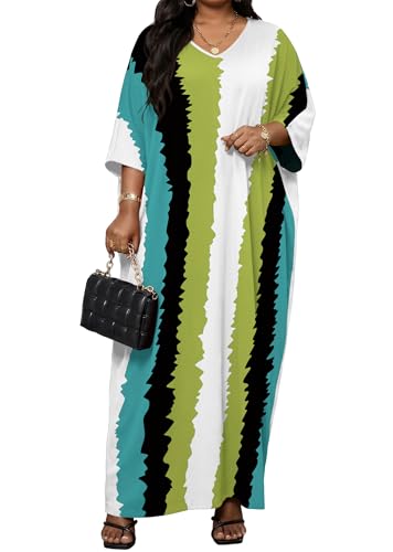 Image of Runwind Plus Size Maxi Dress for Women Short Sleeve V Neck Casual Long Dresses with Pockets