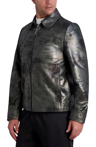 Image of Karl Lagerfeld Men's Shirt Collar Silver Leather Jacket