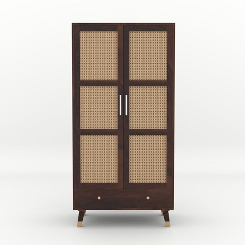 Image of Solid Sheesham Wood 2 Door Wardrobe with Rattan Cane Work & 3 Drawer | Rosewood Almirah for Bedroom Storage (Walnut Finish)