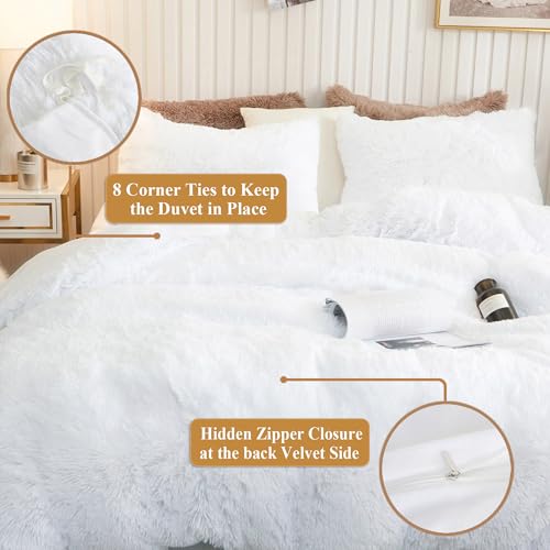 Image of XeGe Plush Shaggy Duvet Cover, Luxury Ultra Soft Crystal Velvet Fuzzy Bedding 1PC(1 Faux Fur Duvet Cover), Fluffy Furry Comforter Cover with Zipper Closure(Queen, White)