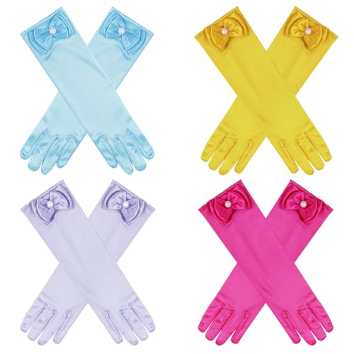 Yolyoo 4 Pairs Satin Princess Gloves Pearl Long Stain Gloves for Wedding Birthday First Communion Theme Party and Banquet
