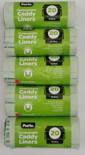 Compostable Caddy Bin Liners – 5 x 20 Bags (100 Total) – 15L Capacity – Tie Handle – Watertight & Tear Resistant – Food Waste Bags
