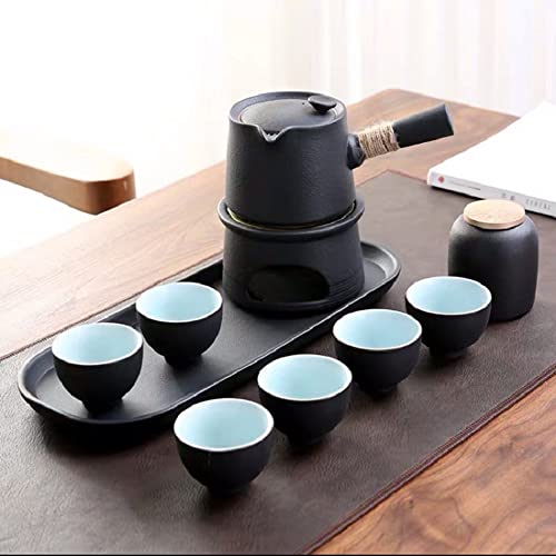 Fanquare Chinese Porcelain Tea Cups Set With Teapot, Black Gongfu Tea Set With Ceramic Warmer, Portable Tea Set For Adults #TOP4