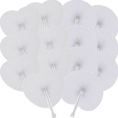 Wesileyern 12 Pcs Decorative Paper Folding Hand Fans Handheld,White Round Heart Foldable Wedding Fans Chinese and Japanese Fans Bulk for Bridal Guest Church Party Favors Dancing Birthday DIY