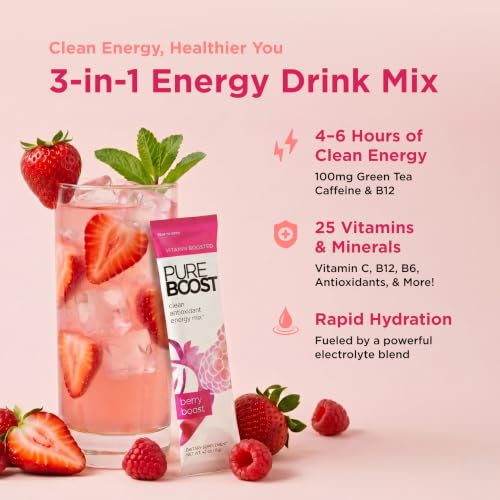 Image of Pureboost Sugar-Free Clean Energy Booster, Berry Boost 10 Count, Refreshing Energy Drink Mix with B12 Vitamins, Electrolytes, Antioxidants, No Sucralose