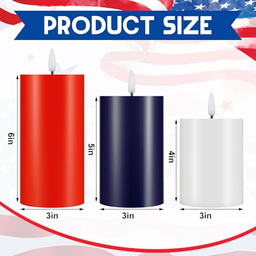 Image of Hiboom 3 Pcs 4th of July Flameless Candles Patriotic Red White and Blue LED Flameless Pillar Candles Real Wax Multicolor Fake Battery Operated Wedding Decor, H 3.94 inch 4.92 inch 5.91 inch x D 2.95 inch