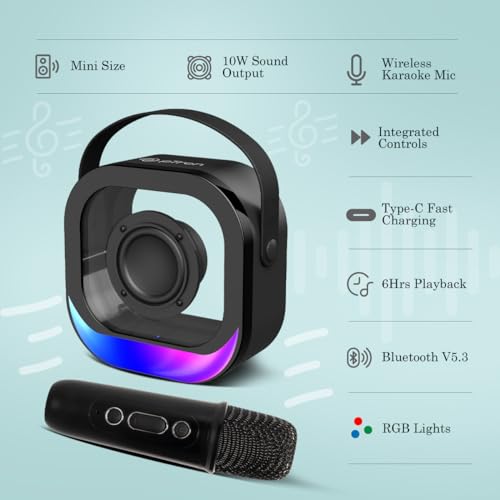 Image of pTron Fusion Moment V2 10W Mini Bluetooth Speaker with Wireless Karaoke Mic, Pristine Sound, RGB Lights, Funny Voice Change Effects, 6Hrs Playtime, Bluetooth V5.3 & Type-C Fast Charging Port (Black)
