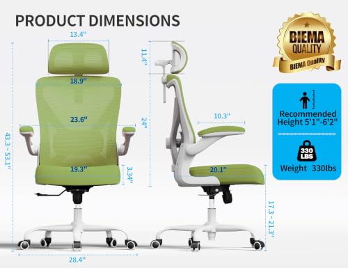 Image of Ergonomic Office Chair - Mesh Desk Chair with Adjustable Lumbar Support High Back Computer Gaming Chairs - Big and Tall Office Chairs Adults, Comfortable for Long Hours, Green