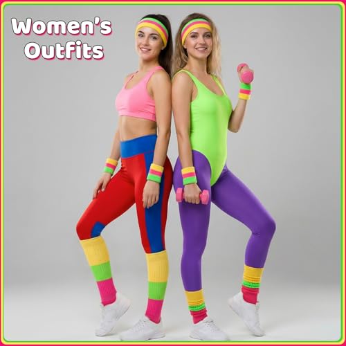 80s Neon Sweatbands Set Sports Wristband and Headband Neon Slouch Socks 80s Outfits for Women 90s Accessories, Multicolor