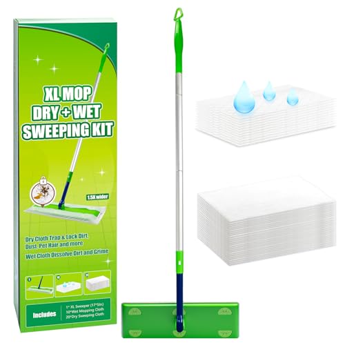 1.5X Wider XL Mop Set - 1 Long-Handle Mop 10 Wet Pads & 20 Dry Pads 360 Rotating Head Fast Cleaning for Hardwood Tile Laminate Floors