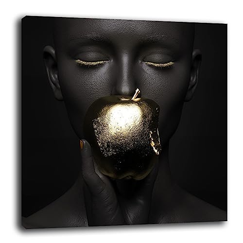Printerland Quadri Moderni Soggiorno Ragazza Mela Effetto Oro Quadro moderno Parete XXL grande Stampa su tela Canvas Decorazione Murale muro Arredo Camera da letto Cucina Salone (30x30 cm, 3)