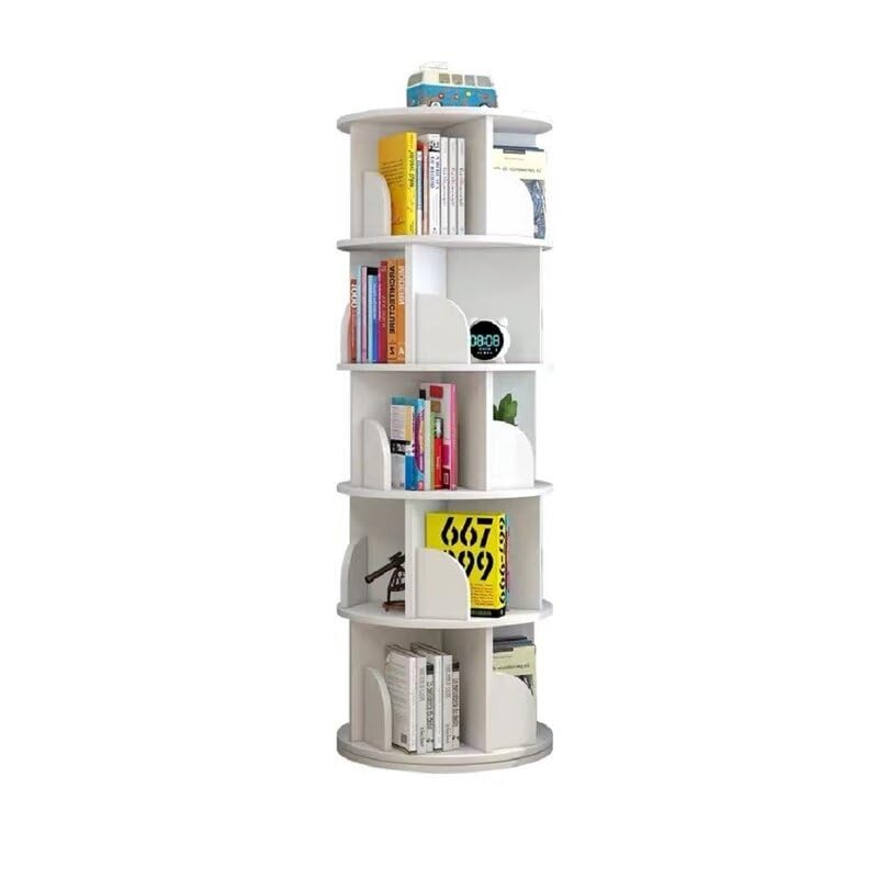 Image of AESTHETIC DECOR Wooden Rotating 360 Degree Preassembled Bookshelf Tower Open Rack Organiser Space-Saving 5 Tier Corner Stand for Home Library Kids Room White Ready to Use Multipurpose
