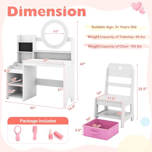 Image of HONEY JOY Kids Vanity with Lights, Wooden Princess Makeup Dressing Vanity Desk with Jewelry Storage, Open Shelves, 2 in 1 Toddler Vanity Table & Chair Set with Lighted Mirror for Little Girls(White)
