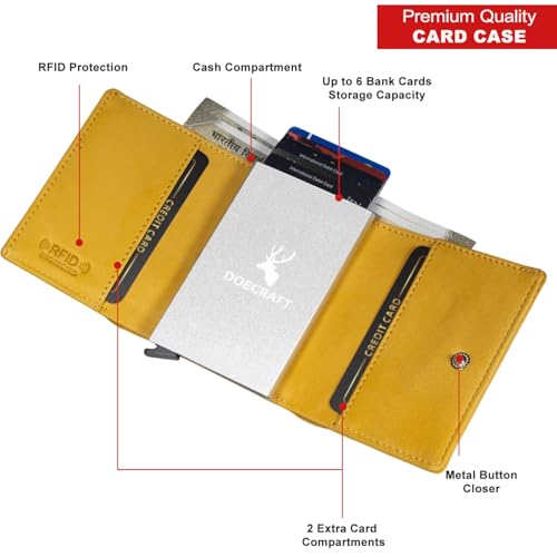 Image of Men's Genuine Leather RFID Wallet | Premium Slim Red Wallet for Men with Deer 3D Print | 8 Card Slots Secure and Durable | Casual Stylish | Formal & Gifting Use, Yellow and Silver