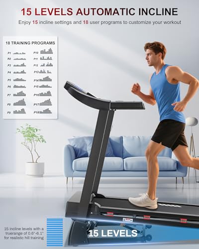 Image of ECHANFIT Treadmill with 15-Level Auto Incline, Folding Treadmill for Home, 0.6-10 MPH, 350 LB Capacity, 18.11 inch Wide Running Belt, 3.5 HP, Shock Absorption, Bluetooth Speaker & App