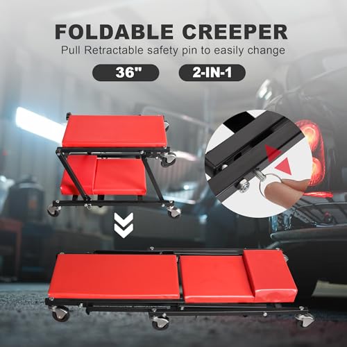 Image of Big RED 36 inch Rolling Foldable Automotive Creeper， Car Creeper, 2-in-1 Garage Shop Creeper for Auto Repair, 300 Lbs Capacity, Red，TAM6505RR Torin