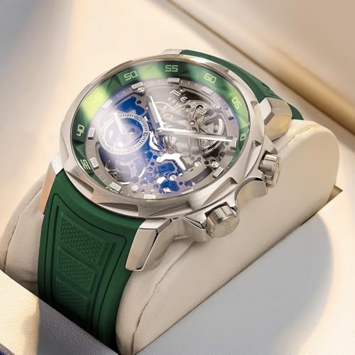 Image of FEICE FM511 Men's Automatic Skeleton Watch, Luxury Sapphire Crystal Glass Blue Dial Luminous Hands, 5ATM Waterproof Sport Wristwatch with Silicone Strap for Men, Casual Mechanical Watches for Men.