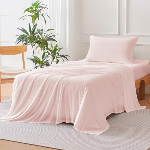 Image of Amazon Basics Jersey Knit 3-Piece Sheet Set, Wrinkle Resistant and Easy Fit, Includes 16 inch Deep Pocket Fitted Sheet, 1 Flat Sheet and 1 Pillowcase, Twin, Pink