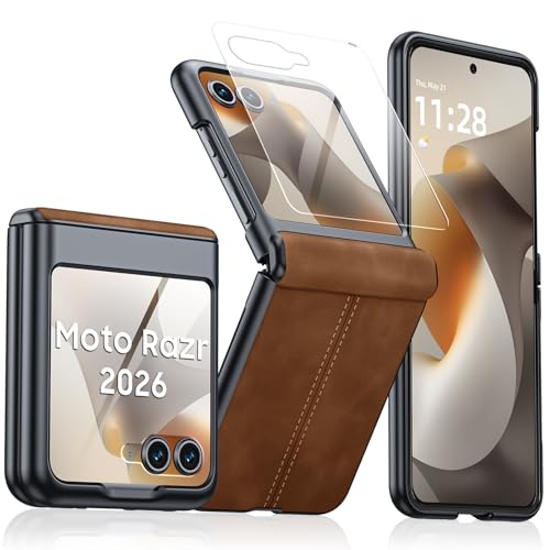 Image of for Motorola Razr 2026 Case with Hinge Protection & Built-in Outer Screen Protector, Ultra-Thin PU Leather Matte PC Shockproof Cover, Slim Protective Phone Case for Moto Razr 2026-Brown