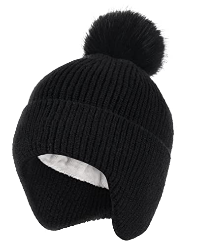Toddler Baby Winter Hat Warm Fleece Lined Knit Kids Hat With Earflap Infant Newborn Pom Pom Beanie Knit Cap Girls Boys (Black, 1-4T) #TOP27