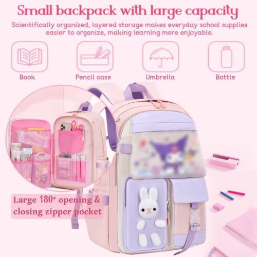 Image of Cute Pastel Contrasting Color Anime Cartoon School Backpack for Girls, Kawaii Large Capacity Bunny Bag, Lightweight Casual Travel Daypack Multi-Compartment Bookbag for Elementary School Kids