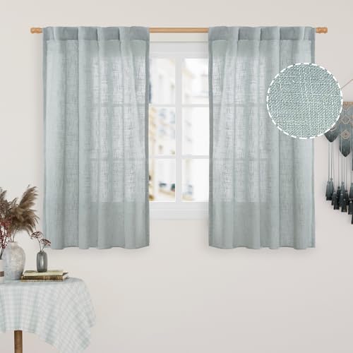 LAMIT Semi Sheer Linen Curtains 48 Inch Length, Light Filtering Panels Back Tab and Rod Pocket Neutral Drapes for Kitchen/Window/Loft Room, Greyish Blue, 2 Panels, 34 x 48 Inch