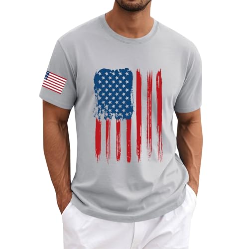 Maglietta da uomo 4th of July Independence Day con scollo rotondo, a maniche corte, estiva, in cotone, con stampa, grigio., XL
