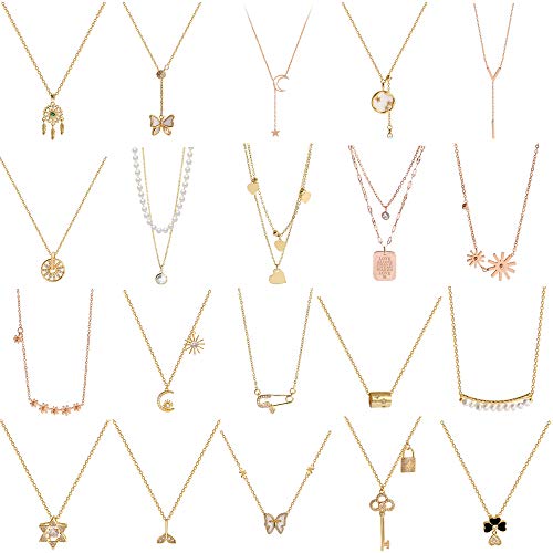 Amgoldbay 20 PCS Multiple DIY Layered Choker Necklace for Women with Moon Star Keys Dream Catcher Multilayer Choker Chain Y Necklaces Set Adjustable Gold Silver Bar Pendant Y Necklace for Teens Girls
