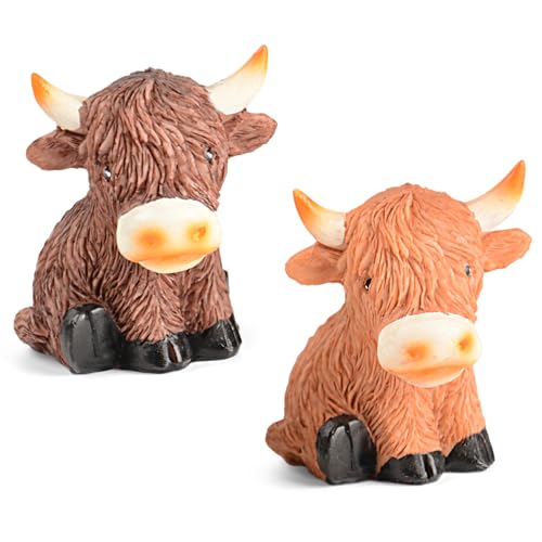 Highland Cow Decor 2 Pcs Cow Figurines Set - Spring Highland Cow Gifts Mini Highland Cow Ornaments, Scottish Highlander Cow Resin Statue, Hyland Cow Gift for Farmhouse Garden Kitchen Home Decorations