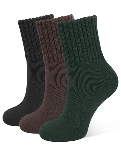 CLOSEMATE Thermosocken Damen Socken 3 Paar Wintersocken Warme Dicke Gestrickte Stricksocken Gekämmte Baumwollsocken Haussocken 35-38 39-42 1Grün 1Schwarz 1Braun