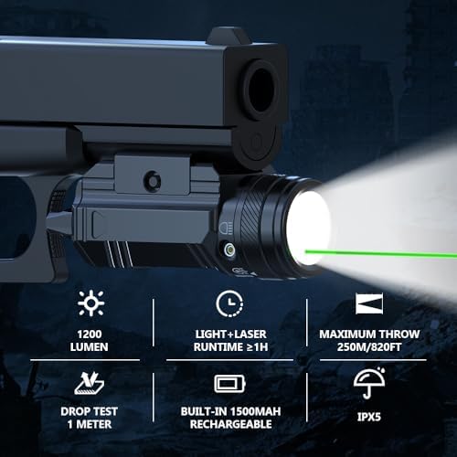 1200 Lumen Green Beam Pistol Light Laser Combo for Picatinny Tactical Flashlight