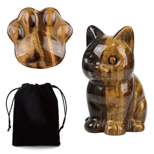 HIVTE 2er Pack Tigerauge Kristall Katze & Pfote Figur, Naturheilsteine handgeschnitzte Statue, Schreibtischdeko mit Samtetui