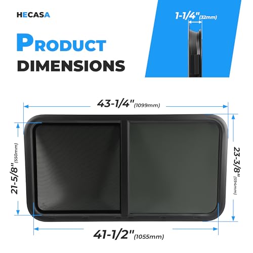 HECASA RV Window 42" W X 22" H Teardrop Horizontal Sliding Window W/ Trim for 1.5" Wall and Mesh Screen Tempered Glass Powder Coated Black 1PC by HECASA - Image 3